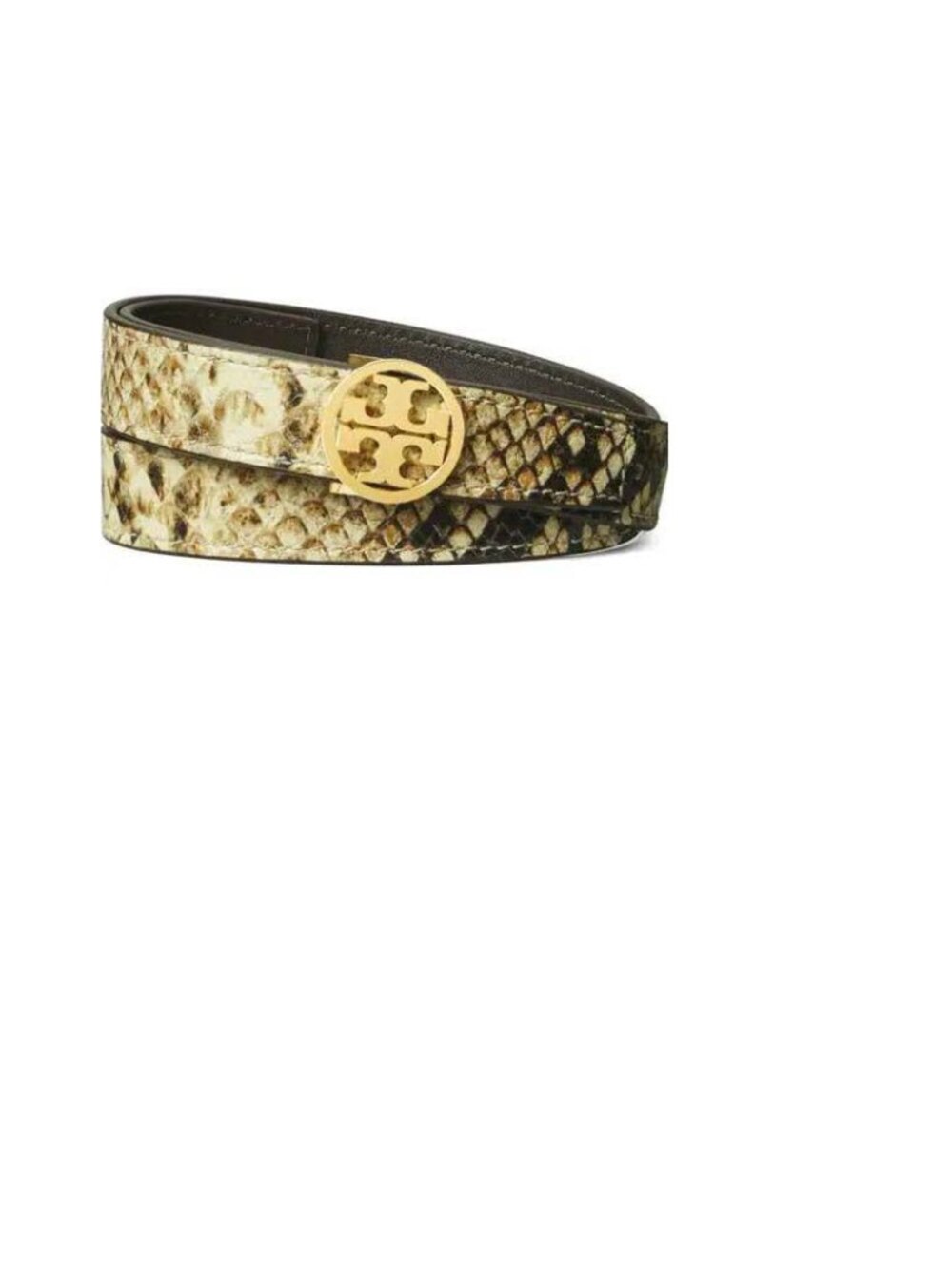 Tory Burch Gold-Emblem Snake-Print Leather Belt in Tan and Black
